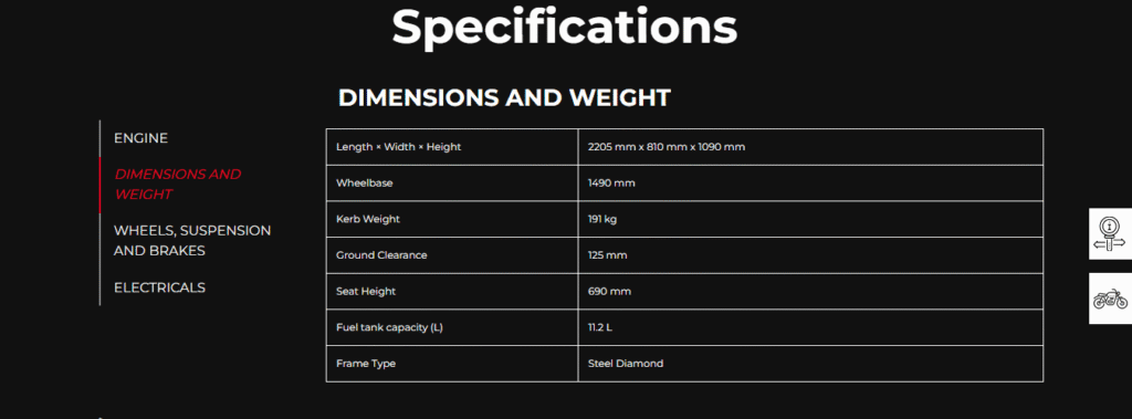 Honda rebel 500 - Dimensions and Weight
